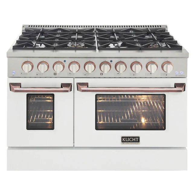 Kucht Signature 48-Inch Pro-Style Dual Fuel Range with Propane Gas in Stainless Steel with White Oven Door & Rose Gold (KDF482/LP-W-ROSE)