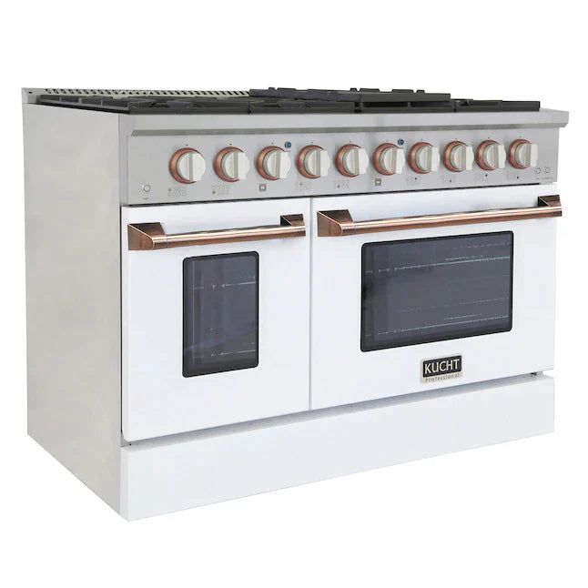 Kucht Signature 48-Inch Pro-Style Dual Fuel Range with Propane Gas in Stainless Steel with White Oven Door & Rose Gold (KDF482/LP-W-ROSE)
