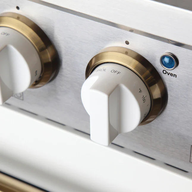 Kucht Signature 36-Inch Gas Range with Convection Oven in White with White Knobs & Gold Handle (KNG361-W-GOLD)