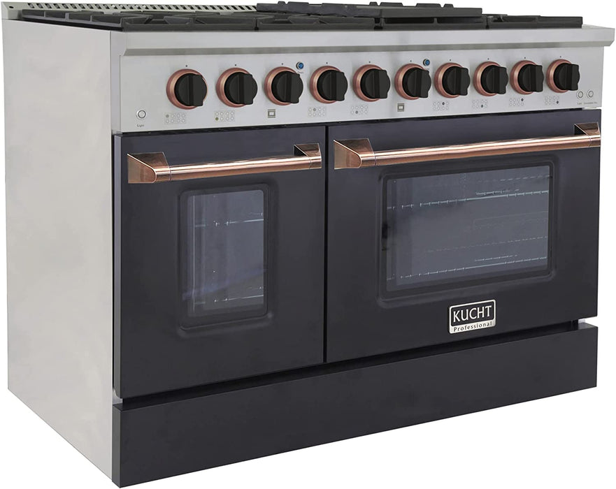 Kucht Signature 48-Inch 6.7 cu ft. Propane Gas Range with Black Door & Rose Gold Accents (KNG481/LP-K-ROSE)