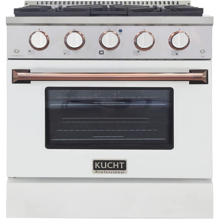 Kucht Signature 30-Inch  Gas Range in White with White Knobs & Rose Gold Handle (KNG301-W-ROSE)