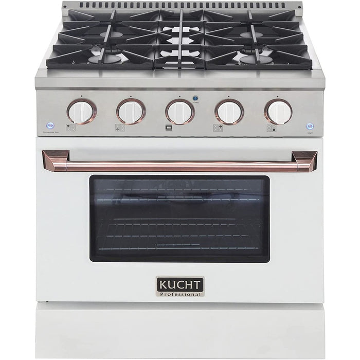 Kucht Signature 30-Inch Propane Gas Range in White with White Knobs & Rose Gold H&le (KNG301/LP-W-ROSE)