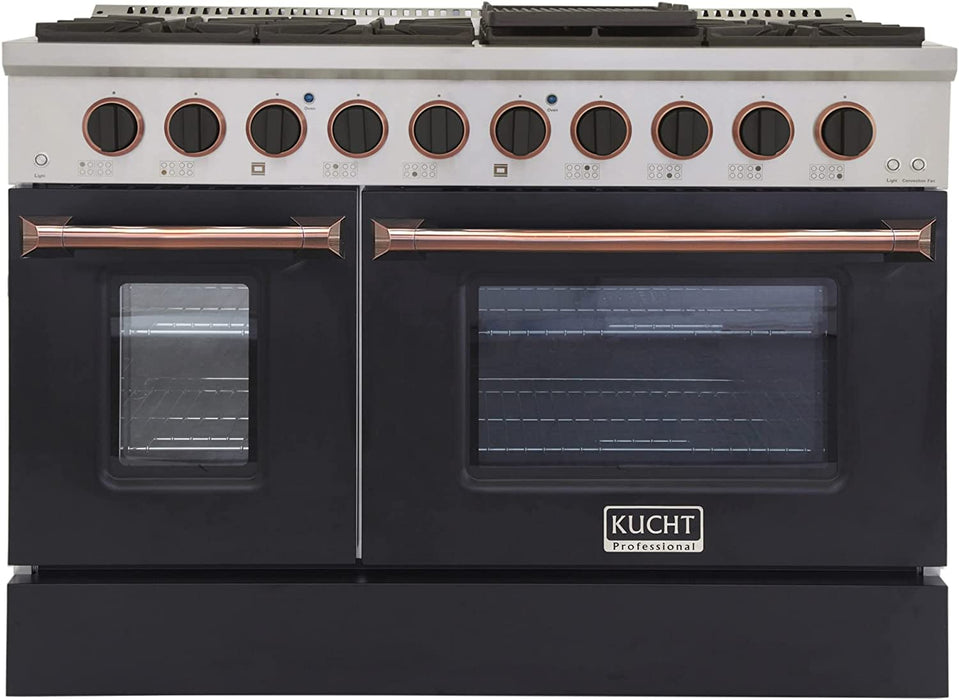 Kucht Signature 48-Inch 6.7 cu ft. Propane Gas Range with Black Door & Rose Gold Accents (KNG481/LP-K-ROSE)
