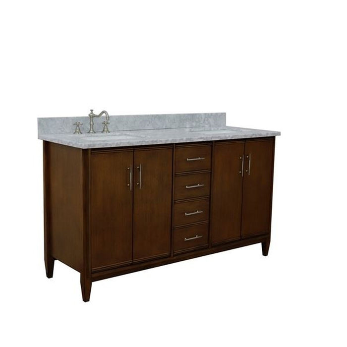 Bellaterra Home MCM 61" Double sink vanity in Walnut finish with White Carrara marble and rectangle sink