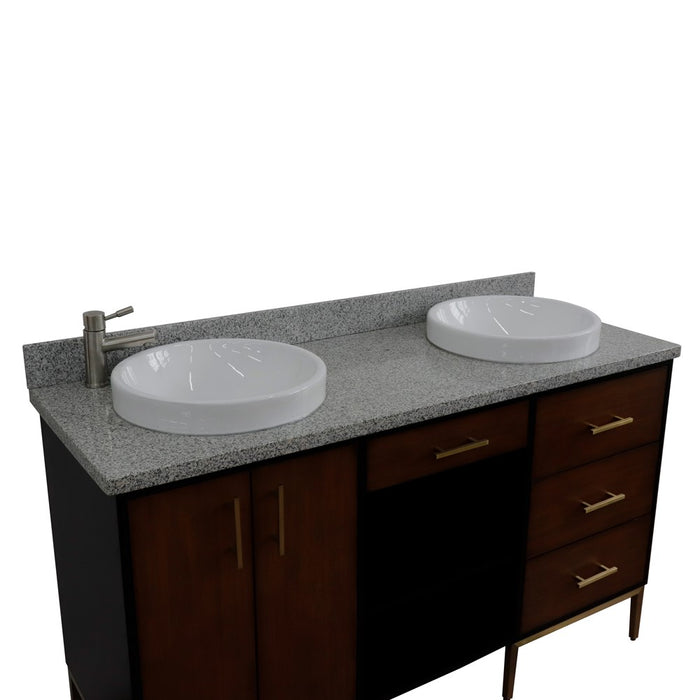 Bellaterra Home Imola 61" Double sink vanity in Walnut and Black finish and Gray granite and round sink