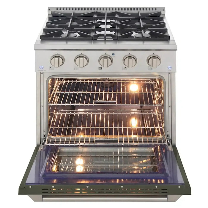 Kucht 30-Inch Pro-Style Dual Fuel Range with 4.2 cu. ft. Electric Oven and 4 Gas Burners in Olive Green (KDF302-OG)