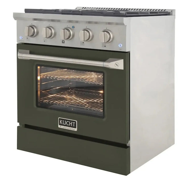 Kucht 30-Inch Pro-Style Dual Fuel Range in Propane Gas with  4.2 cu. ft. Electric Oven & 4 Gas Burners in Olive Green (KDF302/LP-OG)
