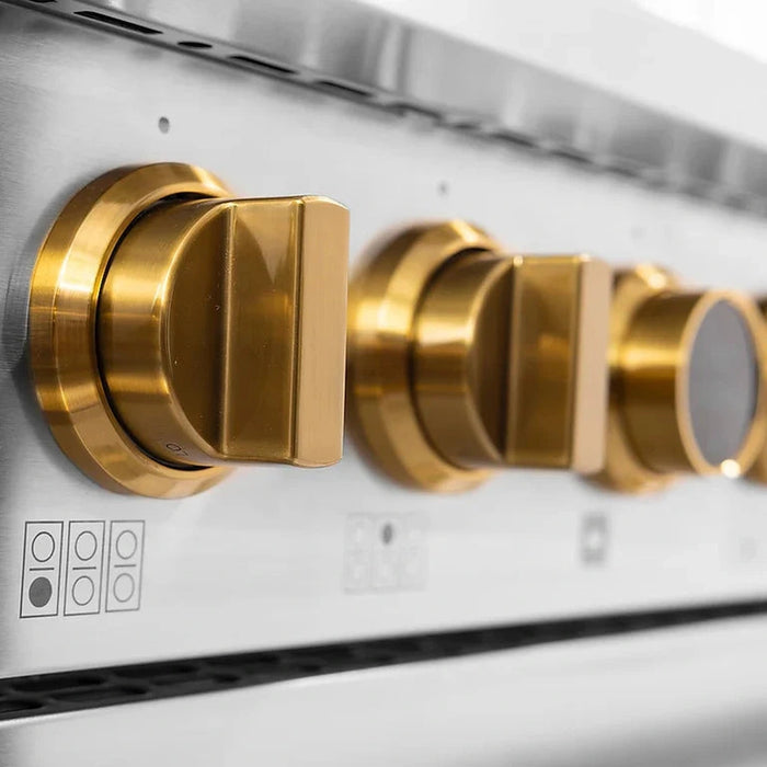 Kucht Horus 60-Inch Dual Fuel Range with 8.4 cu. ft. Electric Oven and 8 Gas Burners in Stainless Steel with Gold Accents and Digital Thermostat (KXP60-GL)