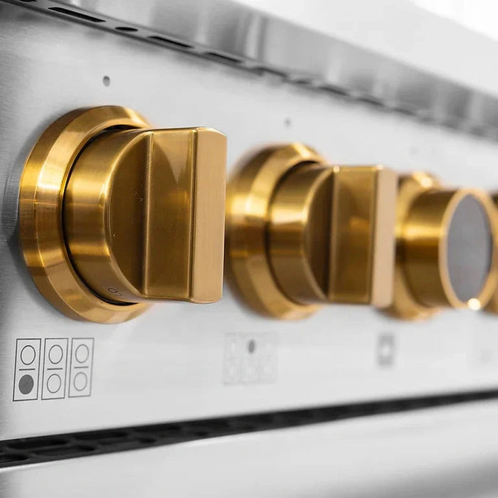Kucht Horus 60-Inch Dual Fuel Range in Propane Gas with  8.4 cu. ft. Electric Oven & 8 Gas Burners in Stainless Steel with Gold Accents & Digital Thermostat (KXP60-GL/LP)