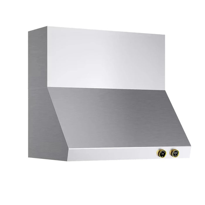 Kucht 2-Piece Appliance Package - 36-Inch Propane Gas Range with 5.2 Cu. Ft. Oven & Wall Mount Range Hood in Stainless Steel with Gold Accents