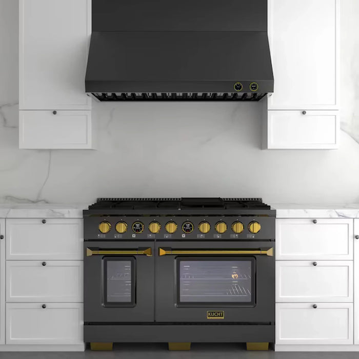 Kucht 2-Piece Appliance Package - 48-Inch Natural Gas Range with 6.7 Cu. Ft. Oven & Wall Mount Range Hood in Dark Titanium Stainless Steel with Gold Accents