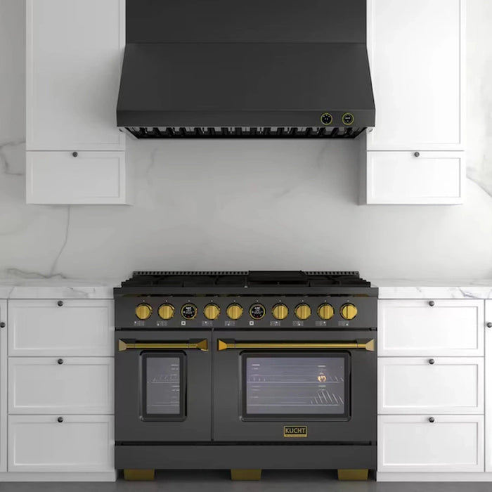 Kucht 2-Piece Appliance Package - 48-Inch Propane Gas Range with 6.7 Cu. Ft. Oven & Wall Mount Range Hood in Dark Titanium Stainless Steel with Gold Accents