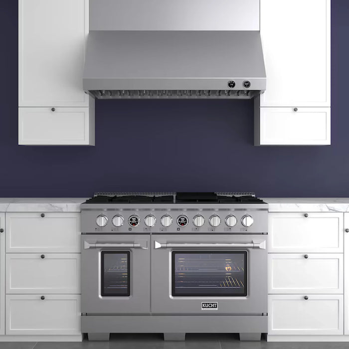 Kucht 5-Piece Appliance Package - 48-Inch Dual Fuel Range in Natural Gas, 36-Inch Refrigerator with Water Dispenser, Dishwasher, Wall Mount Range Hood, & Microwave Wall Oven in Stainless Steel