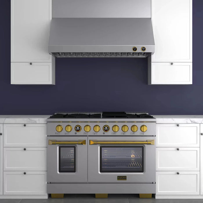 Kucht 2-Piece Appliance Package - 30-Inch Propane Gas Range with 4.2 Cu. Ft. Oven & Under Cabinet Range Hood in Stainless Steel with Gold Accents