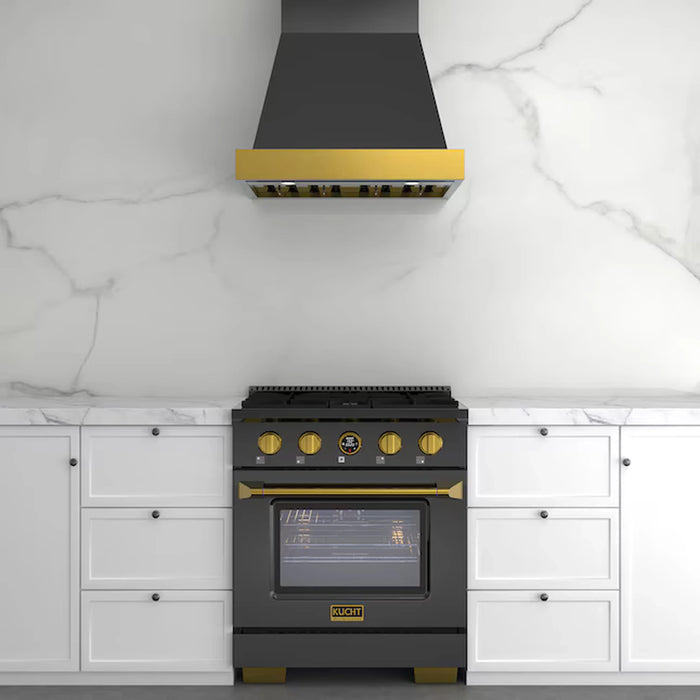 Kucht 2-Piece Appliance Package - 30-Inch Natural Gas Range with 4.2 Cu. Ft. Oven & Wall Mount Range Hood in Dark Titanium Stainless Steel with Gold Accents