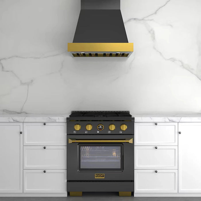 Kucht 2-Piece Appliance Package - 30-Inch Propane Gas Range with 4.2 Cu. Ft. Oven & Wall Mount Range Hood in Dark Titanium Stainless Steel with Gold Accents