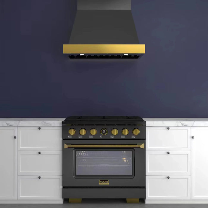 Kucht 36-Inch 600 CFM Wall Mount Range Hood in Dark Titanium Stainless Steel with Gold Accents (KRH36TG)