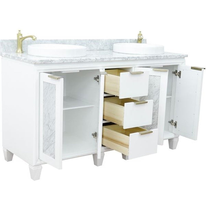 Bellaterra Home Trento 61" Double sink vanity in White finish with White Carrara marble and round sink