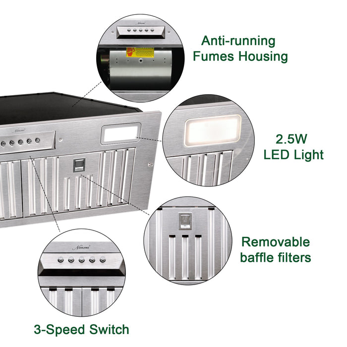 30“ Range Hood Insert, 600 CFM Built-in Stainless Steel Kitchen Hood with LED Lights - NX-HOOD-30