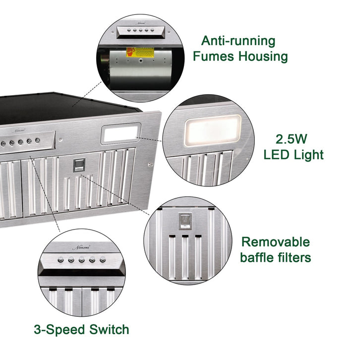 36“ Range Hood Insert, 600 CFM Built-in Stainless Steel Kitchen Hood with LED Lights - NX-HOOD-36