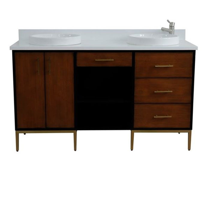 Bellaterra Home Imola 61" Double sink vanity in Walnut and Black finish and White quartz and round sink