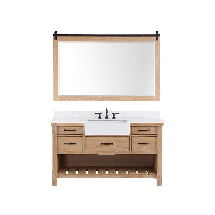 Vinnova Designs Villareal 60" Single Bath Vanity in Weathered Pine with Composite Stone Top in White, White Farmhouse Basin and Mirror