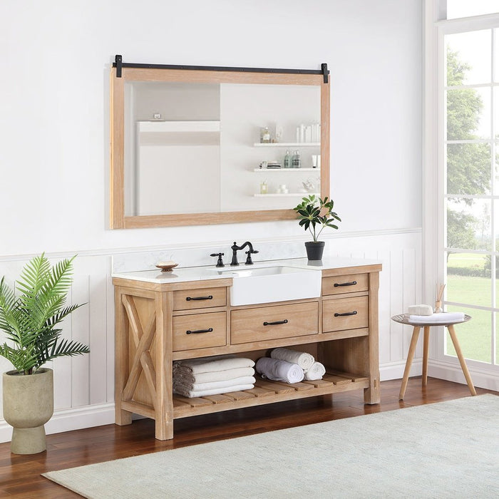 Vinnova Designs Villareal 60" Single Bath Vanity in Weathered Pine with Composite Stone Top in White, White Farmhouse Basin and Mirror