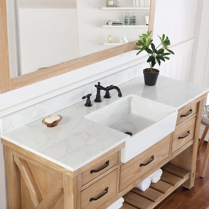 Vinnova Designs Villareal 60" Single Bath Vanity in Weathered Pine with Composite Stone Top in White, White Farmhouse Basin and Mirror