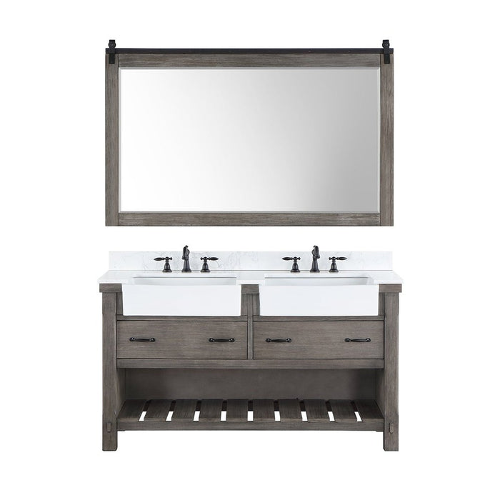 Vinnova Designs Villareal 60" Double Bath Vanity in Classical Grey with Composite Stone Top in White, White Farmhouse Basin and Mirror