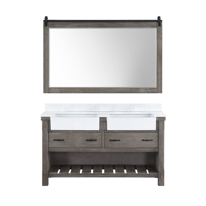 Vinnova Designs Villareal 60" Double Bath Vanity in Classical Grey with Composite Stone Top in White, White Farmhouse Basin and Mirror