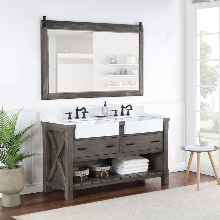 Vinnova Designs Villareal 60" Double Bath Vanity in Classical Grey with Composite Stone Top in White, White Farmhouse Basin and Mirror