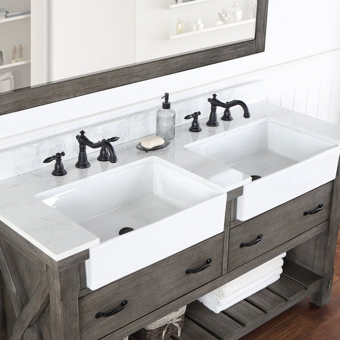 Vinnova Designs Villareal 60" Double Bath Vanity in Classical Grey with Composite Stone Top in White, White Farmhouse Basin and Mirror