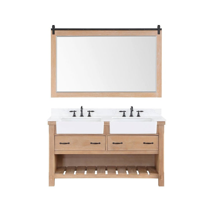 Vinnova Designs Villareal 60" Double Bath Vanity in Weathered Pine with Composite Stone Top in White, White Farmhouse Basin and Mirror