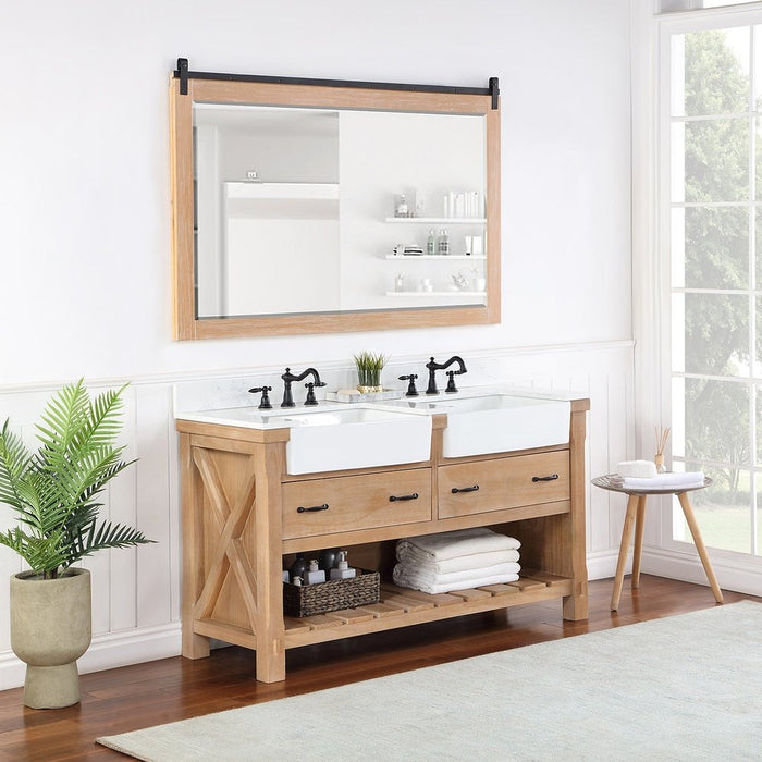 Vinnova Designs Villareal 60" Double Bath Vanity in Weathered Pine with Composite Stone Top in White, White Farmhouse Basin and Mirror