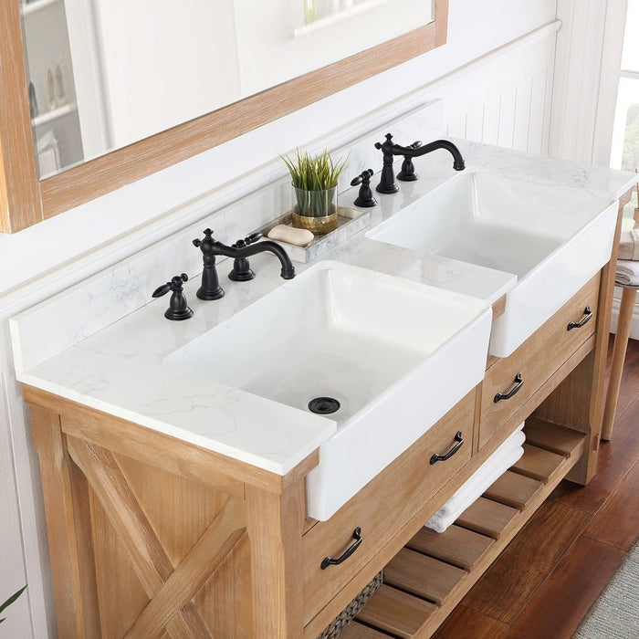 Vinnova Designs Villareal 60" Double Bath Vanity in Weathered Pine with Composite Stone Top in White, White Farmhouse Basin and Mirror