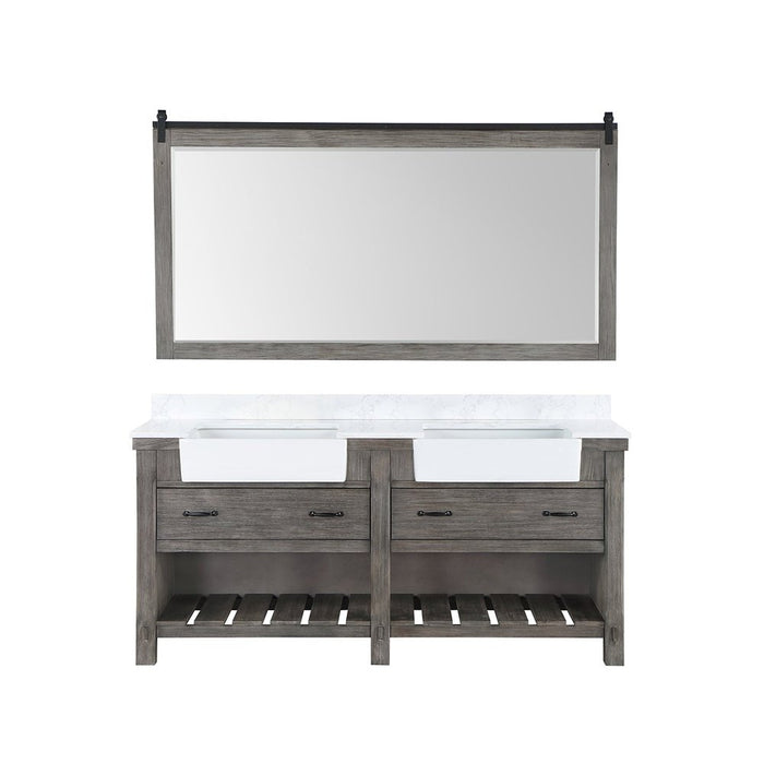 Vinnova Designs Villareal 72" Double Bath Vanity in Classical Grey with Composite Stone Top in White, White Farmhouse Basin and Mirror