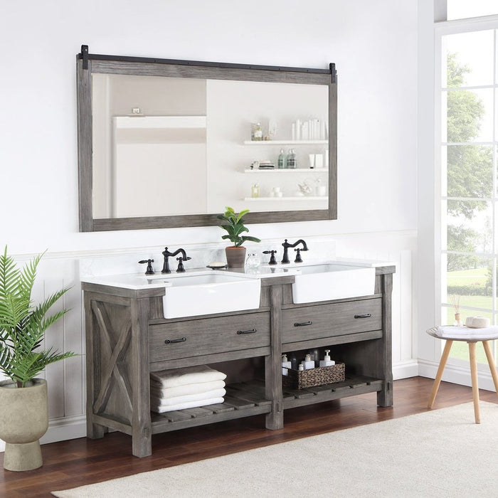 Vinnova Designs Villareal 72" Double Bath Vanity in Classical Grey with Composite Stone Top in White, White Farmhouse Basin and Mirror