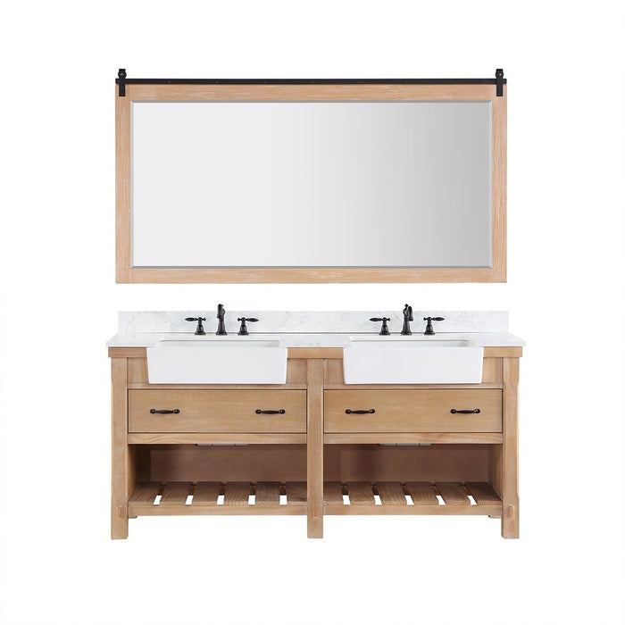 Vinnova Designs Villareal 72" Double Bath Vanity in Weathered Pine with Composite Stone Top in White, White Farmhouse Basin and Mirror