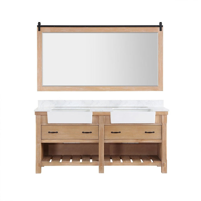 Vinnova Designs Villareal 72" Double Bath Vanity in Weathered Pine with Composite Stone Top in White, White Farmhouse Basin and Mirror