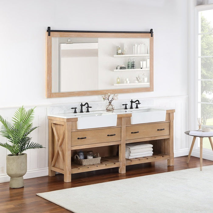 Vinnova Designs Villareal 72" Double Bath Vanity in Weathered Pine with Composite Stone Top in White, White Farmhouse Basin and Mirror