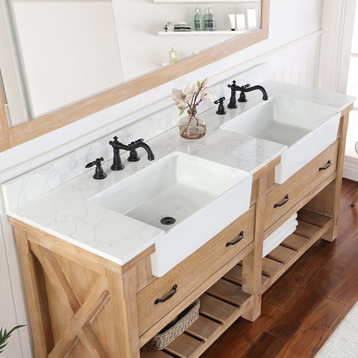 Vinnova Designs Villareal 72" Double Bath Vanity in Weathered Pine with Composite Stone Top in White, White Farmhouse Basin and Mirror