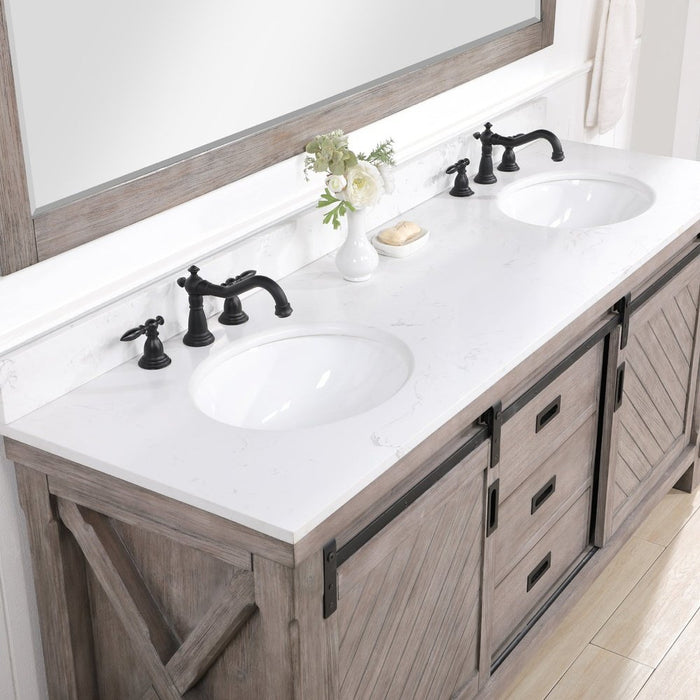 Vinnova Designs Cortes 72" Double Sink Bath Vanity in Classical Grey with White Composite Countertop and Mirror