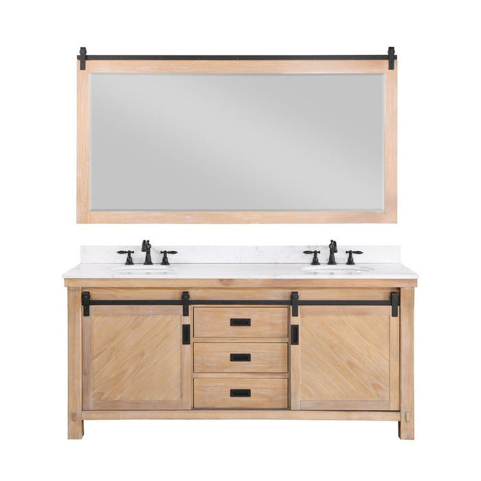 Vinnova Designs Cortes 72" Double Sink Bath Vanity in Weathered Pine with White Composite Countertop and Mirror