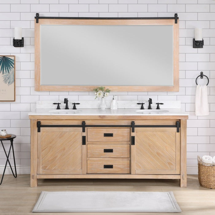 Vinnova Designs Cortes 72" Double Sink Bath Vanity in Weathered Pine with White Composite Countertop and Mirror