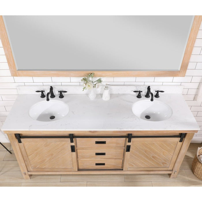 Vinnova Designs Cortes 72" Double Sink Bath Vanity in Weathered Pine with White Composite Countertop and Mirror