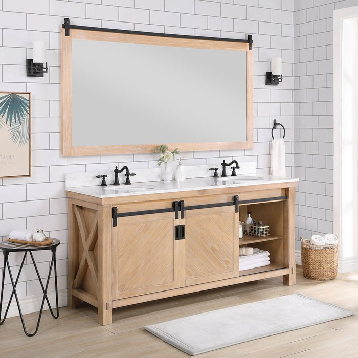 Vinnova Designs Cortes 72" Double Sink Bath Vanity in Weathered Pine with White Composite Countertop and Mirror