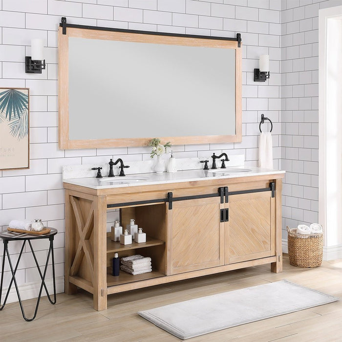 Vinnova Designs Cortes 72" Double Sink Bath Vanity in Weathered Pine with White Composite Countertop and Mirror