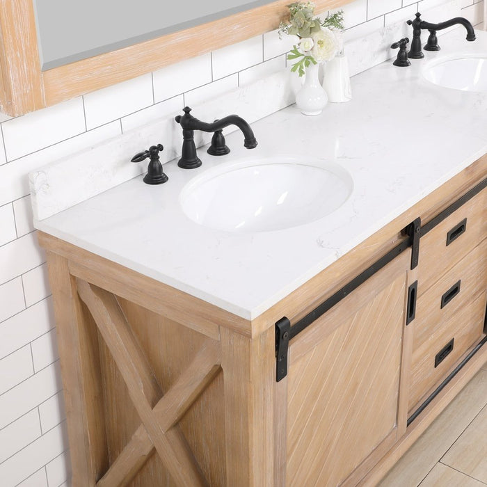 Vinnova Designs Cortes 72" Double Sink Bath Vanity in Weathered Pine with White Composite Countertop and Mirror