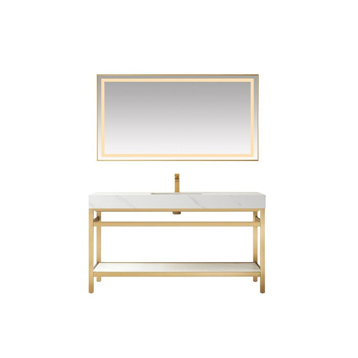 Vinnova Designs Funes 60" Single Sink Bath Vanity in Brushed Gold Metal Support with White Sintered Stone Top and Mirror