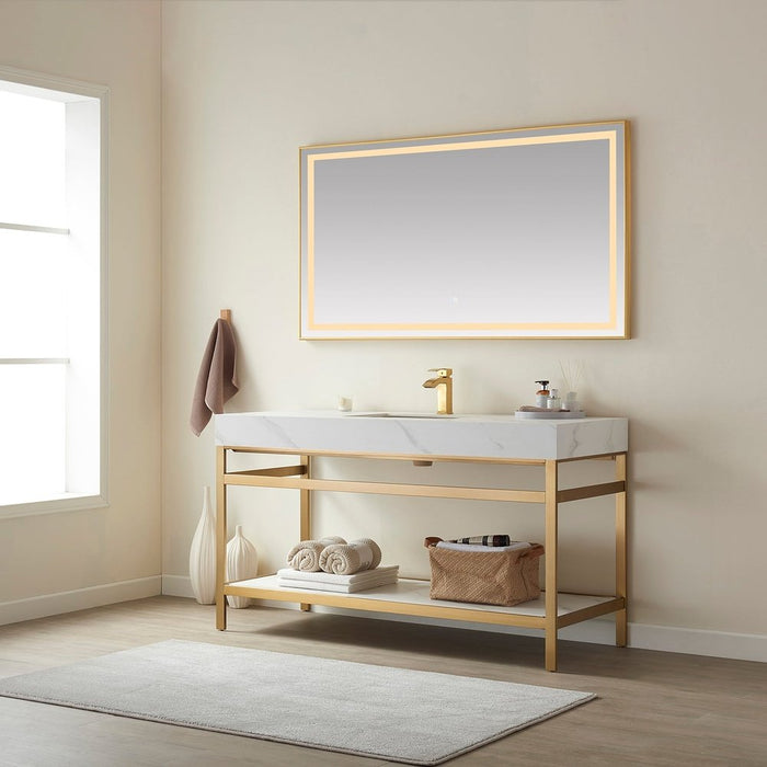 Vinnova Designs Funes 60" Single Sink Bath Vanity in Brushed Gold Metal Support with White Sintered Stone Top and Mirror